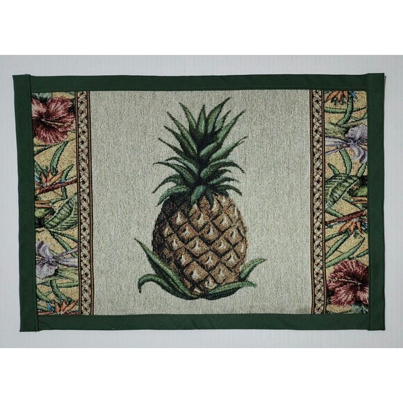 New Set of 6 Tapestry Rectangular Placemats Pineapple Tropical Green 19.5"x13.5" - Picture 2 of 4